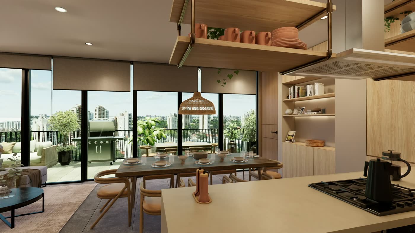 Cocina abierta con vista a la ciudad