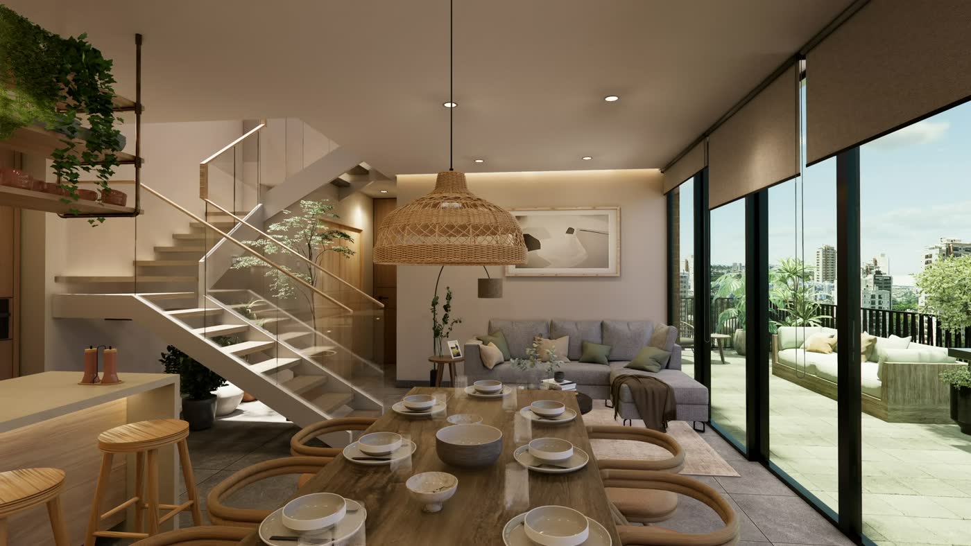 Sala y comedor a doble altura con escalera